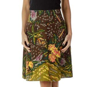 Kim & Cami Brown Yellow Printed A-Line Skirt
